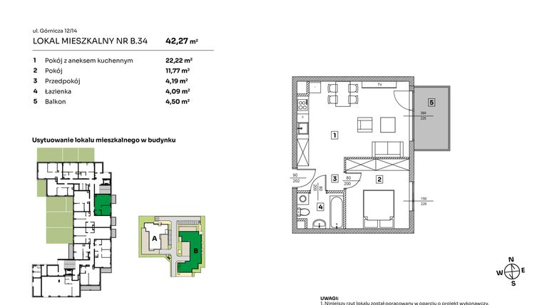 Rzut - Mieszkanie na sprzedaż 2 pokoje o powierzchni 42,27 m² - numer B.34 w Parkove Love