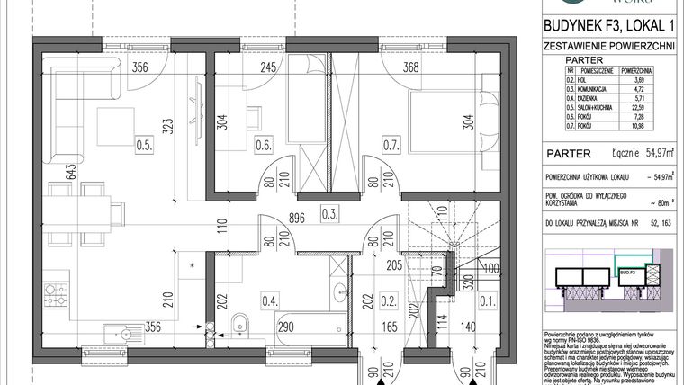 Rzut - Mieszkanie na sprzedaż 3 pokoje o powierzchni 54,97 m² - numer F3.1 w Spokojna Wólka etap V