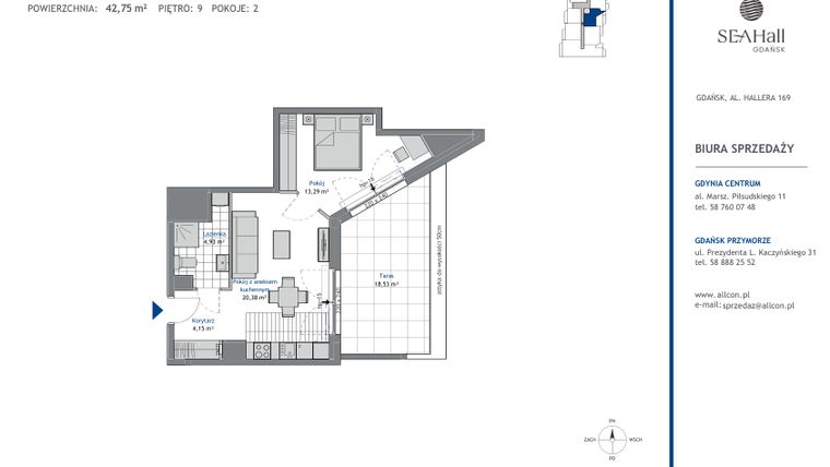 Rzut - Mieszkanie na sprzedaż 2 pokoje o powierzchni 42,75 m² - numer 9.5 w SEAHall