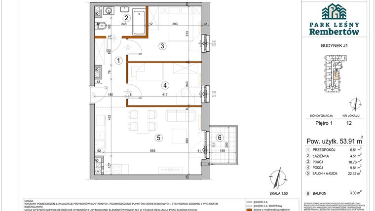 Rzut - Mieszkanie na sprzedaż 3 pokoje o powierzchni 53,91 m² - numer J1-12 w Park Leśny Rembertów etap VIII