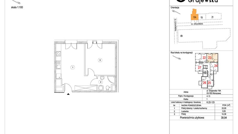 Rzut - Mieszkanie na sprzedaż 2 pokoje o powierzchni 39,93 m² - numer M-23 w Apartamenty Grajewska