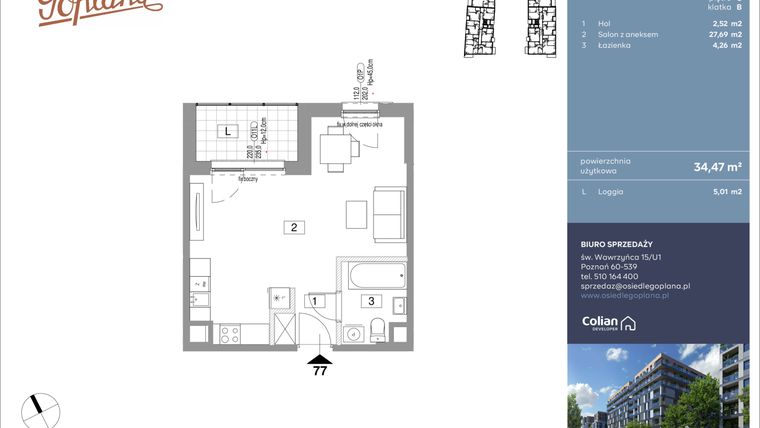 Rzut - Mieszkanie na sprzedaż 1 pokój o powierzchni 34,47 m² - numer F77 w Goplana budynek F