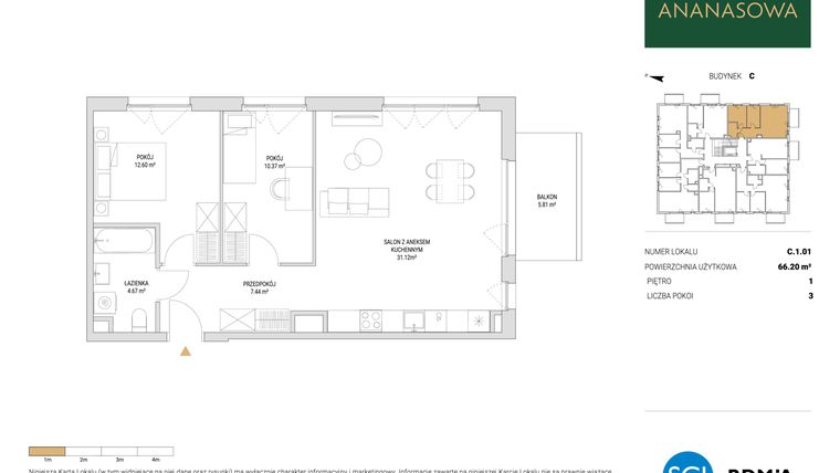 Rzut - Mieszkanie na sprzedaż 3 pokoje o powierzchni 66,2 m² - numer C.1.01 w Ananasowa