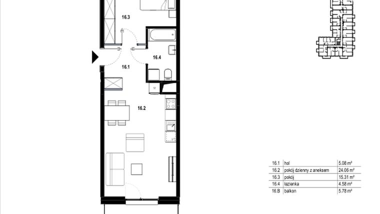 Rzut - Mieszkanie na sprzedaż 2 pokoje o powierzchni 49,03 m² - numer C3.16 w Osiedle Mozaika