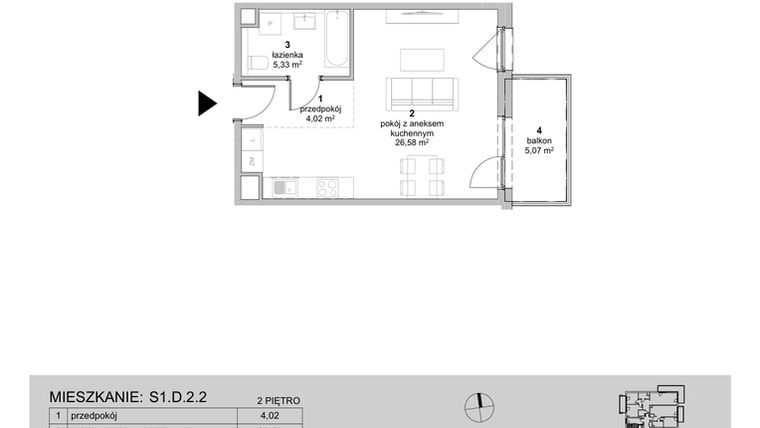 Rzut - Mieszkanie na sprzedaż 1 pokój o powierzchni 35,93 m² - numer S1.D.2.2 w ATAL Idea Swarzędz II