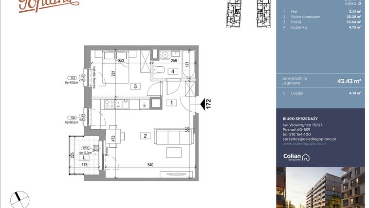 Rzut - Mieszkanie na sprzedaż 2 pokoje o powierzchni 43,65 m² - numer F172 w Goplana budynek F