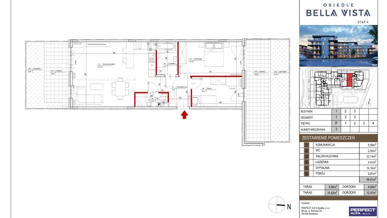 Rzut - Mieszkanie na sprzedaż 3 pokoje o powierzchni 69,61 m² - numer 1.3 w Bella Vista Etap IV