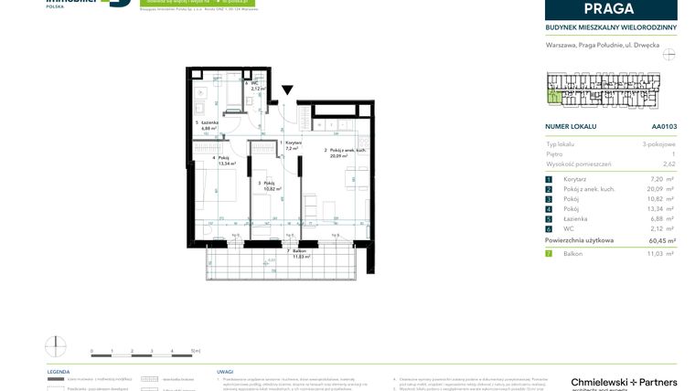Rzut - Mieszkanie na sprzedaż 3 pokoje o powierzchni 60,45 m² - numer AA0103 w Neo Praga