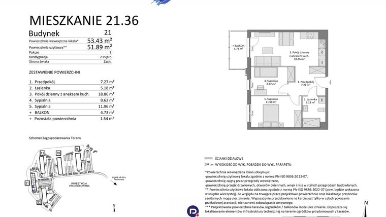 Rzut - Mieszkanie na sprzedaż 3 pokoje o powierzchni 51,89 m² - numer 21.36 w Osiedle Pastelowe etap IV