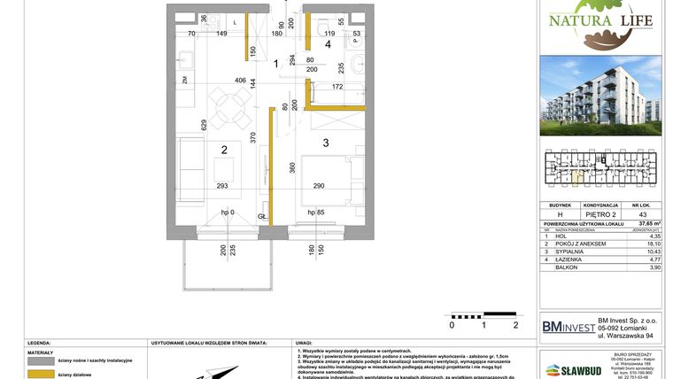 Rzut - Mieszkanie na sprzedaż 2 pokoje o powierzchni 37,77 m² - numer H.43 w Osiedle Natura Life budynki GHI