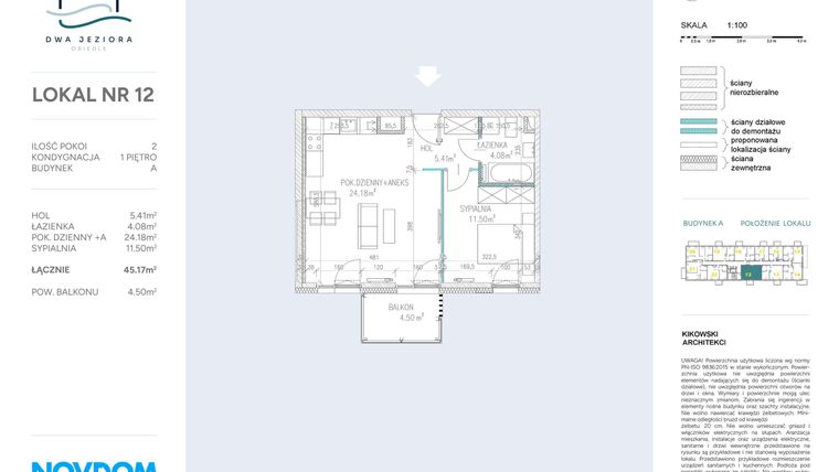Rzut - Mieszkanie na sprzedaż 2 pokoje o powierzchni 45,17 m² - numer A.12 w Dwa Jeziora