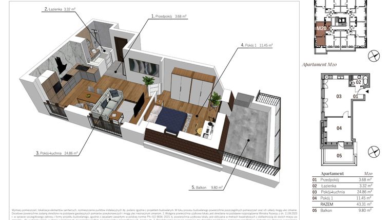 Rzut - Mieszkanie na sprzedaż 2 pokoje o powierzchni 43,31 m² - numer M20 w Przy Parku etap II