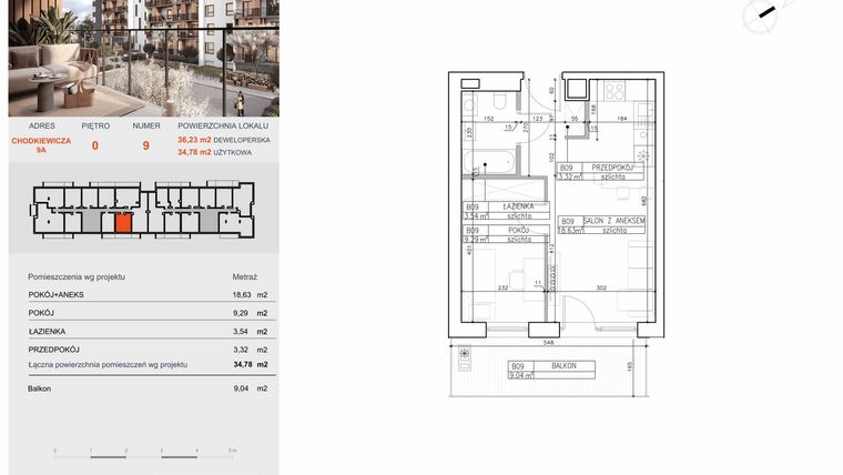 Rzut - Mieszkanie na sprzedaż 2 pokoje o powierzchni 34,78 m² - numer B9 w Symfonia - Chodkiewicza 9