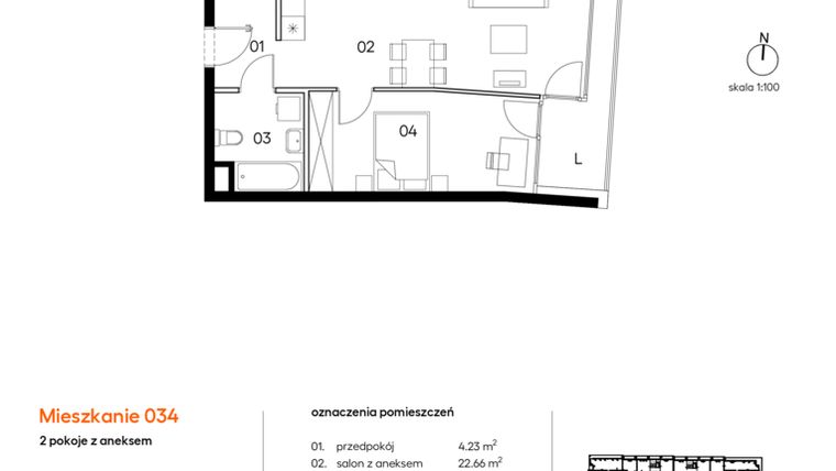 Rzut - Mieszkanie na sprzedaż 2 pokoje o powierzchni 45,71 m² - numer A.A034 w Miasto Polskich Mistrzów Olimpijskich II