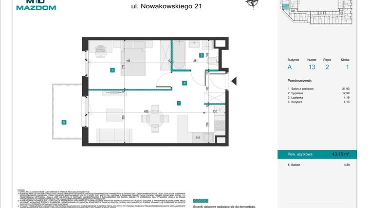 Rzut - Mieszkanie na sprzedaż 2 pokoje o powierzchni 43,15 m² - numer 13 w Błonie Vita