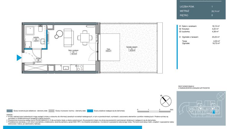 Rzut - Mieszkanie na sprzedaż 1 pokój o powierzchni 26,74 m² - numer EA0003 w Talarowa Park II