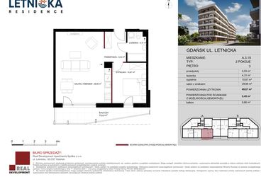 Rzut - Mieszkanie na sprzedaż 2 pokoje o powierzchni 49,87 m² - numer A.3.19 w Letnicka Residence