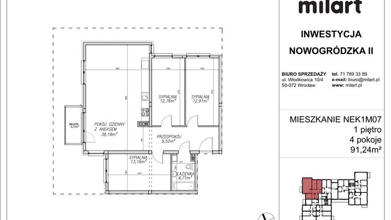 Rzut - Mieszkanie na sprzedaż 4 pokoje o powierzchni 91,44 m² - numer NEK1M07 w Nowogródzka II