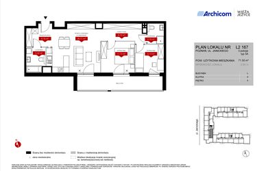 Rzut - Mieszkanie na sprzedaż 3 pokoje o powierzchni 71,5 m² - numer L2.167 w Wieża Jeżyce etap VI
