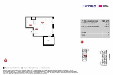 Rzut - Mieszkanie na sprzedaż 1 pokój o powierzchni 40,45 m² - numer D2E 187 w Modern Mokotów etap 4, budynek D1 i D2