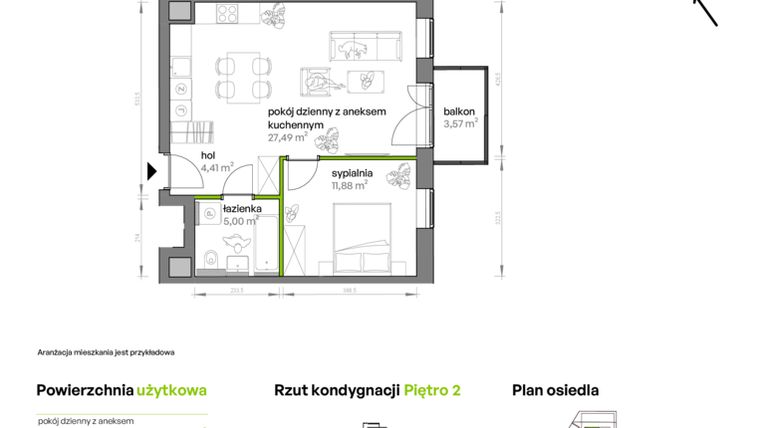 Rzut - Mieszkanie na sprzedaż 2 pokoje o powierzchni 48,78 m² - numer AA0202 w Ptasia Vita