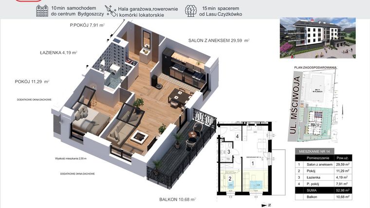 Rzut - Mieszkanie na sprzedaż 2 pokoje o powierzchni 52,98 m² - numer 14 w Mściwoja MS-12
