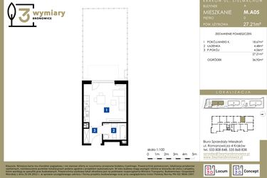 Rzut - Mieszkanie na sprzedaż 1 pokój o powierzchni 27,21 m² - numer M.A05 w 3 Wymiary Bronowice
