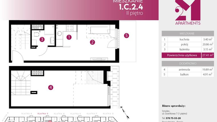 Rzut - Mieszkanie na sprzedaż 2 pokoje o powierzchni 47,3 m² - numer 1.C.2.4 w 2M Apartments etap IV