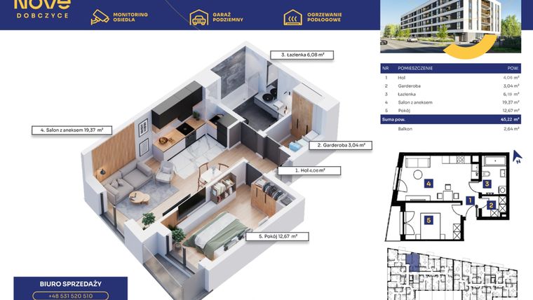 Rzut - Mieszkanie na sprzedaż 2 pokoje o powierzchni 45,23 m² - numer M47 w Nove Dobczyce
