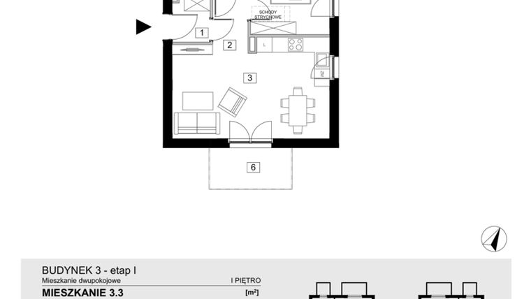 Rzut - Mieszkanie na sprzedaż 2 pokoje o powierzchni 43,47 m² - numer 3.3 w Jasieny