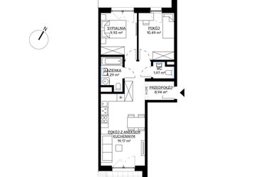 Rzut - Mieszkanie na sprzedaż 3 pokoje o powierzchni 54,78 m² - numer M59 w KWADRAT etap 2