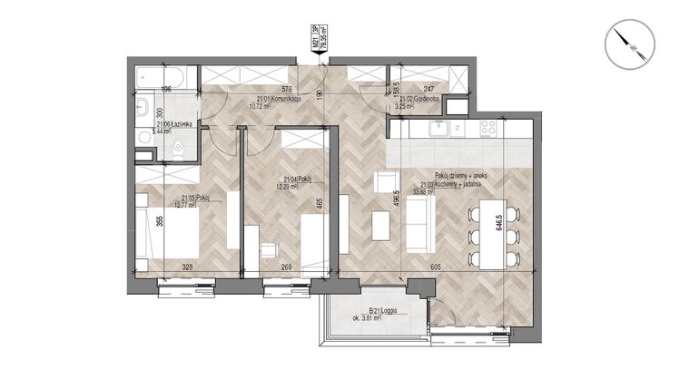 Rzut - Mieszkanie na sprzedaż 3 pokoje o powierzchni 78,35 m² - numer 21 w Apartamenty Czysta