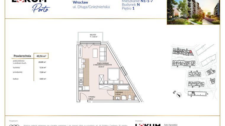 Rzut - Mieszkanie na sprzedaż 3 pokoje o powierzchni 40,96 m² - numer N1-1-7 w Lokum Porto etap V bud. N