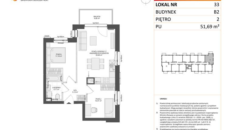 Rzut - Mieszkanie na sprzedaż 3 pokoje o powierzchni 51,69 m² - numer B2.33 w Osiedle Przy Błoniach 3 etap III