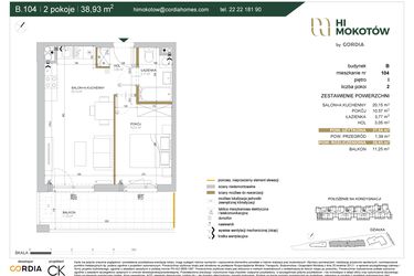 Rzut - Mieszkanie na sprzedaż 2 pokoje o powierzchni 37,54 m² - numer A1.B.104 w Hi Mokotów