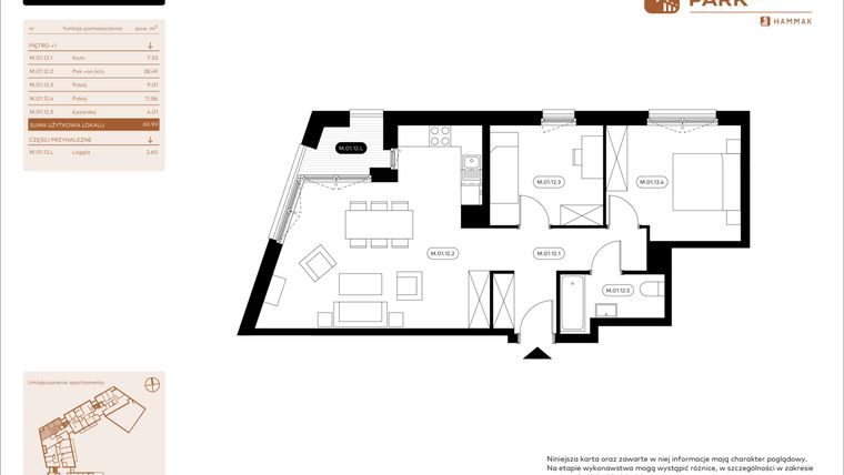 Rzut - Mieszkanie na sprzedaż 3 pokoje o powierzchni 60,9 m² - numer 1.12 w Białoprądnicka Park