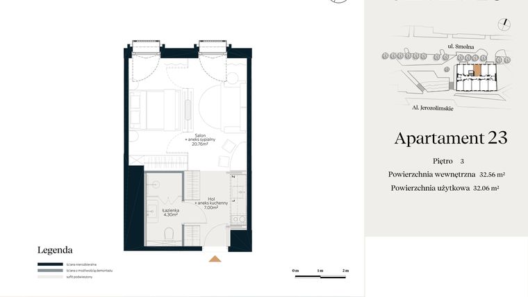 Rzut - Mieszkanie na sprzedaż 1 pokój o powierzchni 32,56 m² - numer U.4.23 w Smolna 23
