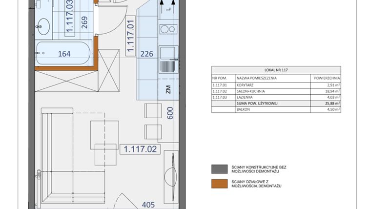 Rzut - Mieszkanie na sprzedaż 1 pokój o powierzchni 25,88 m² - numer 117 w Osiedle Zycha