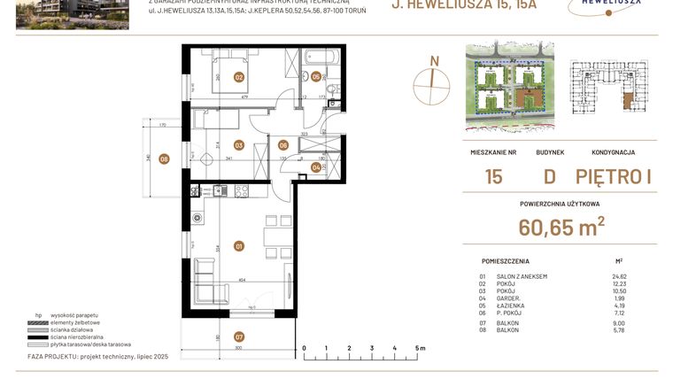 Rzut - Mieszkanie na sprzedaż 3 pokoje o powierzchni 60,65 m² - numer JAR-IV-D-LM-M15 w Osiedle JAR Heweliusza etap IV