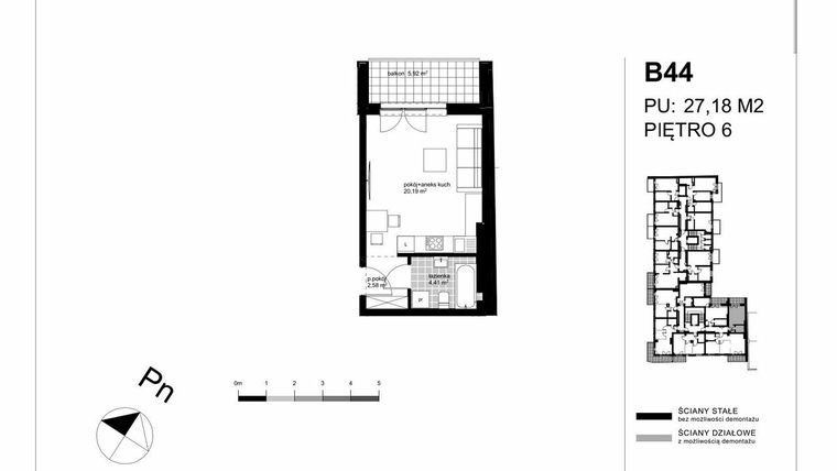 Rzut - Mieszkanie na sprzedaż 1 pokój o powierzchni 27,18 m² - numer B44 w Apartamenty Kopernika - etap II