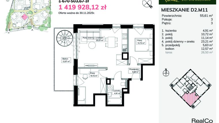 Rzut - Mieszkanie na sprzedaż 3 pokoje o powierzchni 55,61 m² - numer D2.M11 w Apartamenty przy Parku Szczytnickim