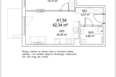Rzut - Mieszkanie na sprzedaż 2 pokoje o powierzchni 42,34 m² - numer A1.54 w FORTnatura