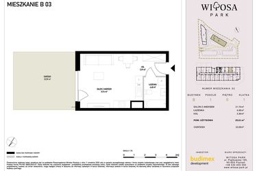 Rzut - Mieszkanie na sprzedaż 1 pokój o powierzchni 29,61 m² - numer B3 w Witosa Park