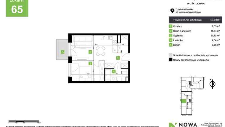 Rzut - Mieszkanie na sprzedaż 2 pokoje o powierzchni 43,01 m² - numer M65 w Nowa Częstochowa Mościckiego