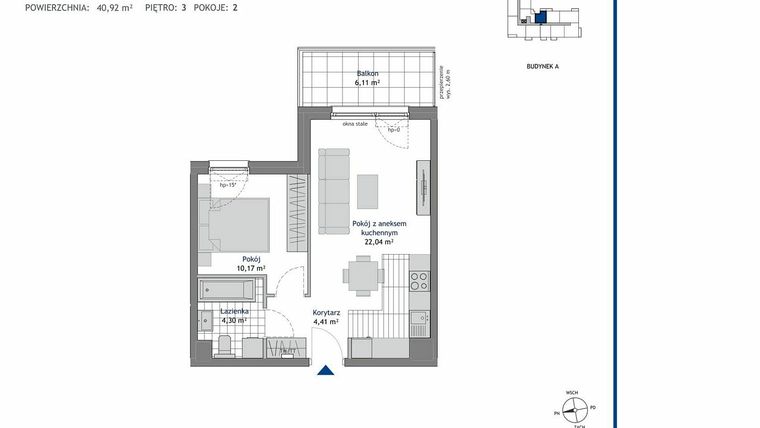 Rzut - Mieszkanie na sprzedaż 2 pokoje o powierzchni 40,92 m² - numer A.3.5 w Linea bud. A
