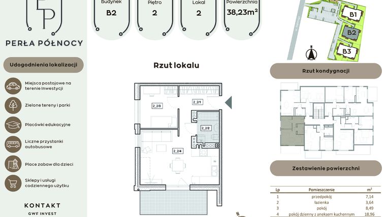 Rzut - Mieszkanie na sprzedaż 2 pokoje o powierzchni 38,23 m² - numer B2.2_2 w Perła Północy etap 2