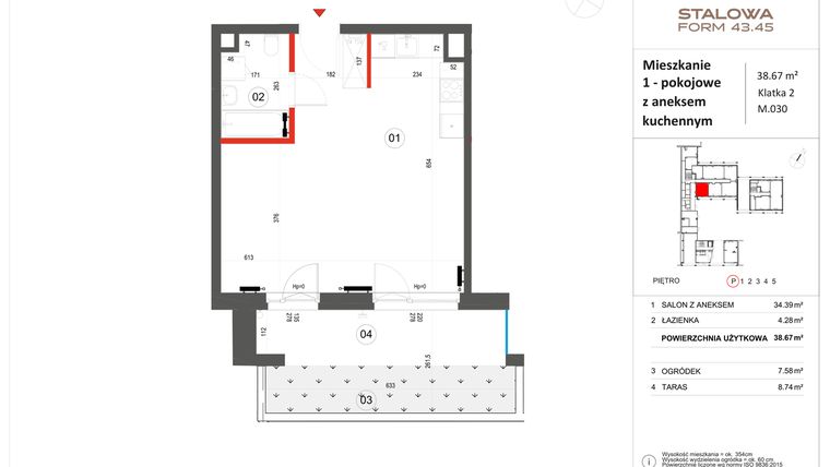 Rzut - Mieszkanie na sprzedaż 1 pokój o powierzchni 38,67 m² - numer 30 w Stalowa Form 43.45