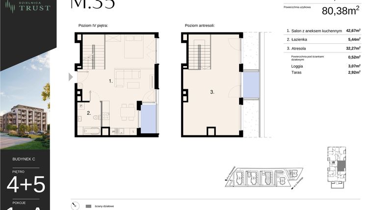 Rzut - Mieszkanie na sprzedaż 1 pokój o powierzchni 80,9 m² - numer C - M.35 w Dzielnica Trust - etap I