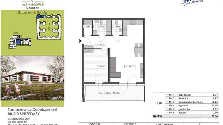 Rzut - Mieszkanie na sprzedaż 2 pokoje o powierzchni 62,54 m² - numer I.1.M4 w Jaśminowe Wzgórze - etap II