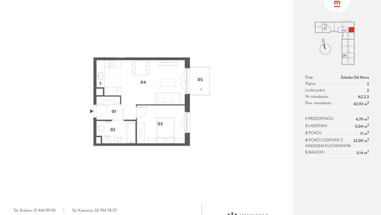 Rzut - Mieszkanie na sprzedaż 2 pokoje o powierzchni 42,92 m² - numer A2.2.3 w Mieszkaj w Mieście - Załęska od Nowa